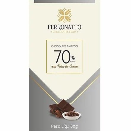 Barra Chocolate Amargo 70% com Nibs Cacau Ferronatto 80g - Ferronatto - Espumantes do Sul