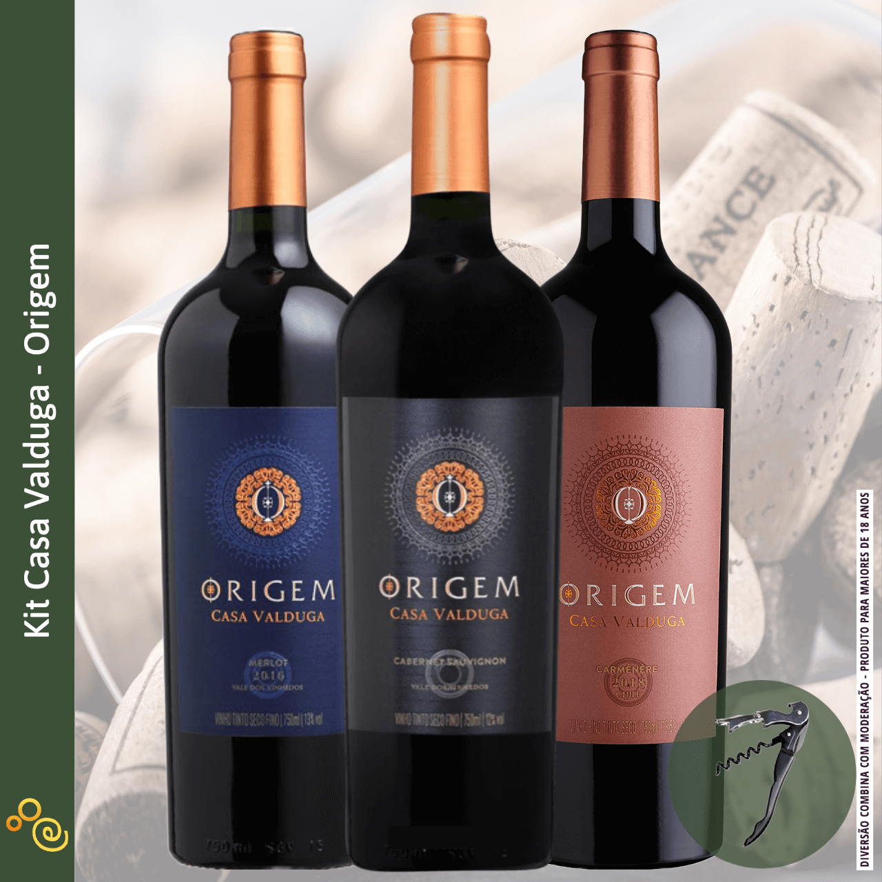 Kit Vinhos Origem Casa Valduga com Saca Rolha - Casa Valduga - Espumantes do Sul